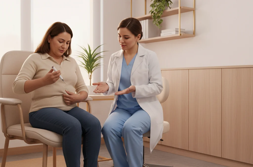 Mujer aplicándose una inyección subcutánea con pluma inyectora en el abdomen, sentada en una cocina iluminada con luz natural.
