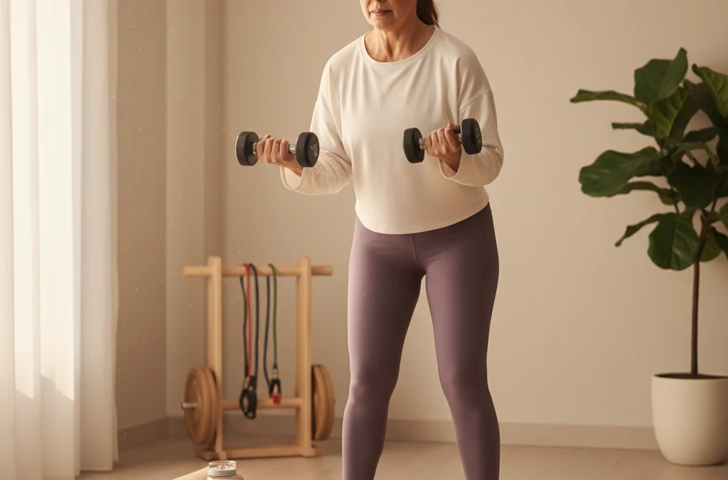Mujer de mediana edad realizando ejercicio de fuerza en casa para control de peso durante menopausia