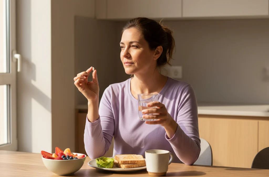 Mujer tomando su medicamento para el hipotiroidismo en ayunas antes del desayuno