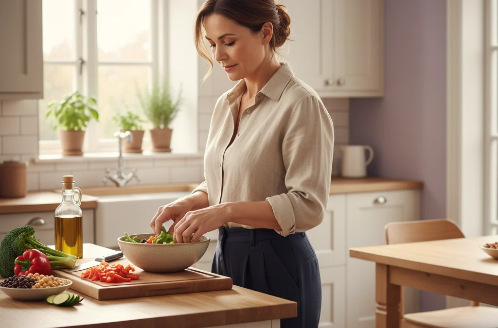 Mujer de alrededor de 50 años preparando una comida saludable en su cocina con verduras y legumbres.