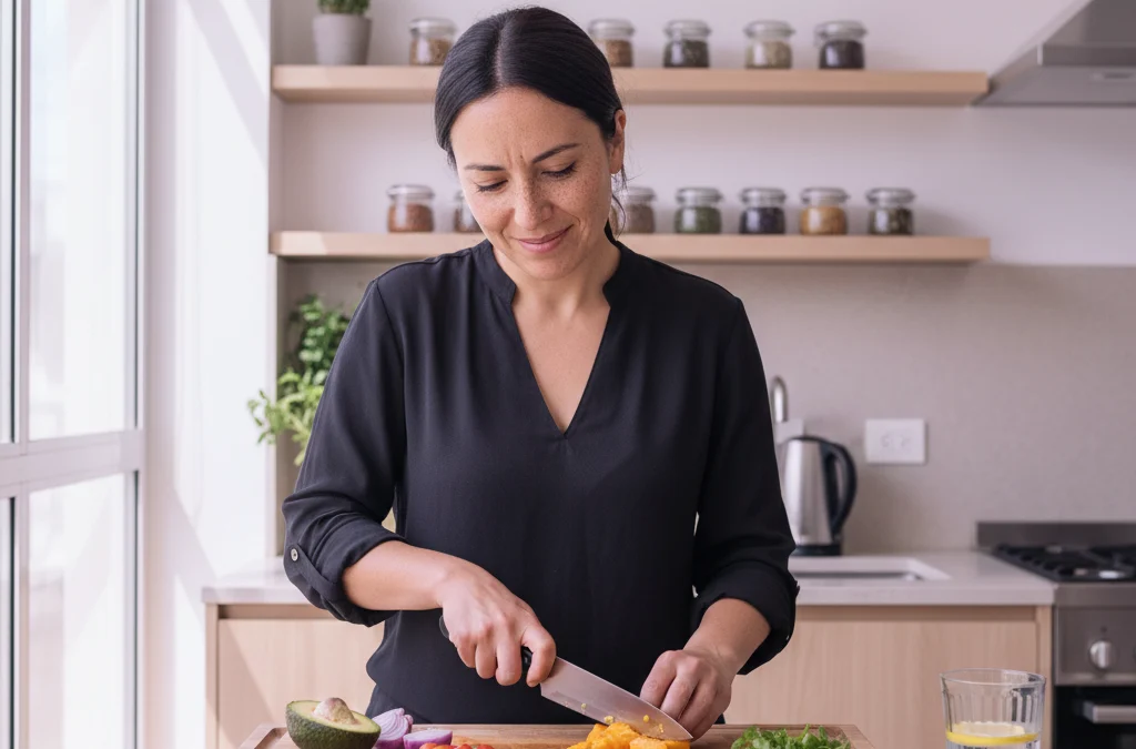 Mujer preparando una comida equilibrada con verduras frescas en una cocina luminosa