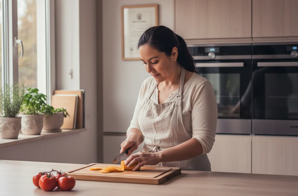 Mujer preparando una comida saludable con verduras frescas en una cocina iluminada
