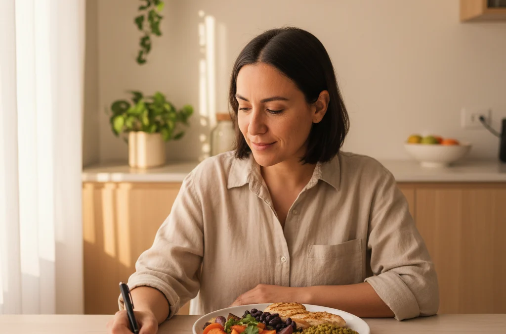 Mujer anotando su alimentación junto a un plato saludable en una cocina iluminada
