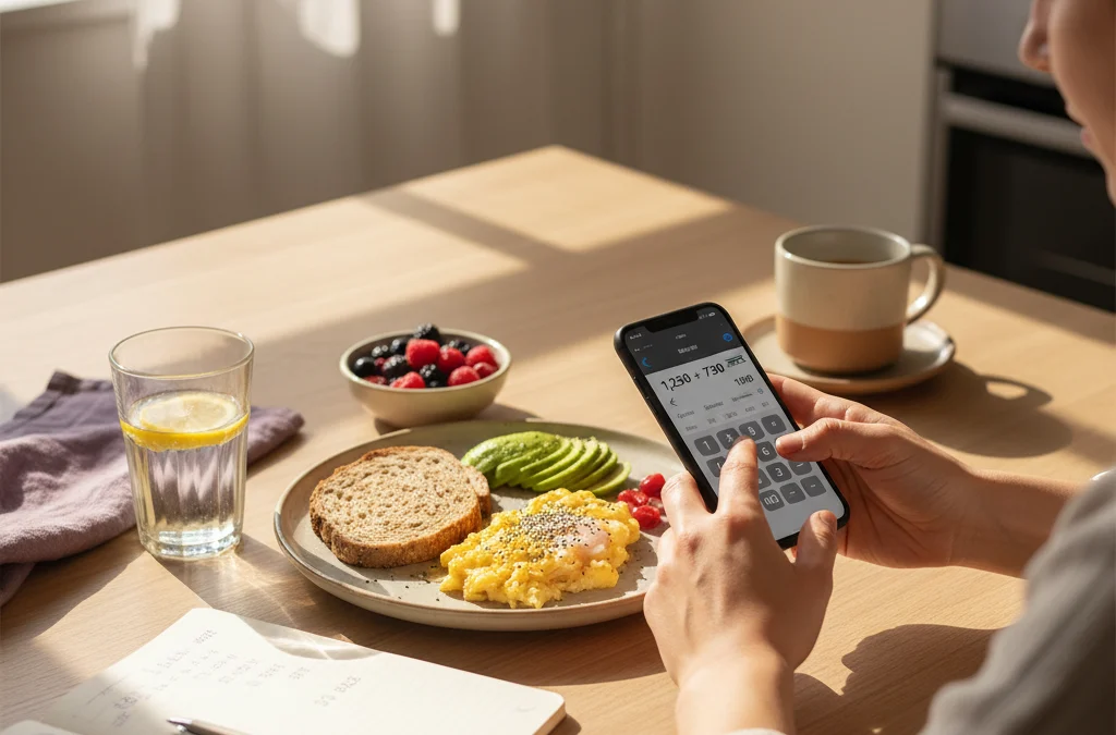 Persona calculando calorías diarias con aplicación móvil junto a comida saludable