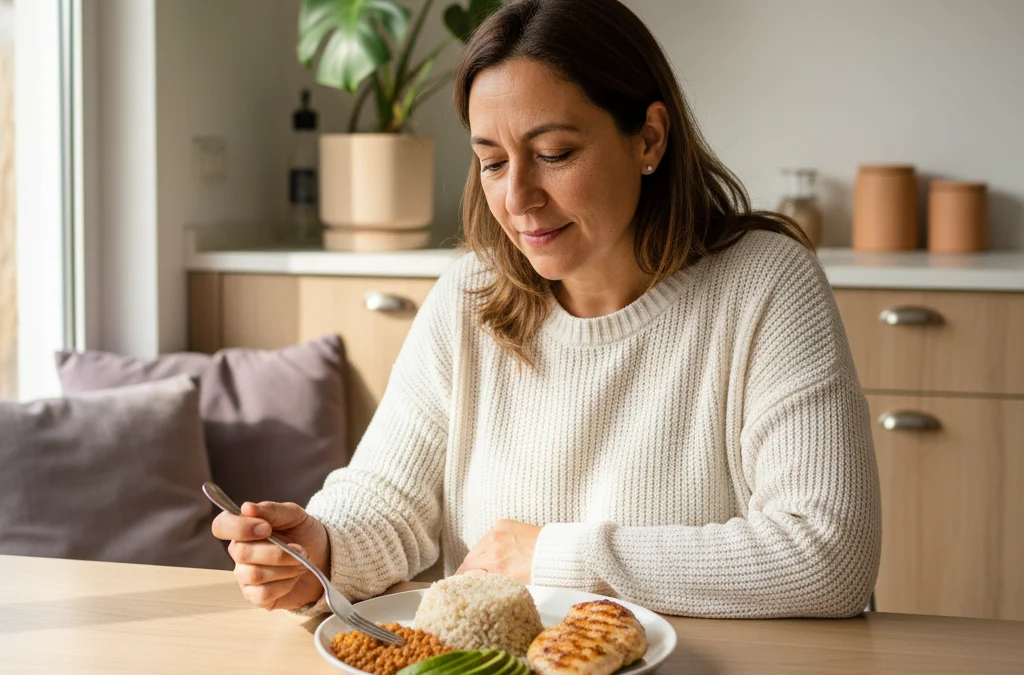 Mujer chilena frente a un plato equilibrado con arroz integral, lentejas y palta, evaluando su alimentación.