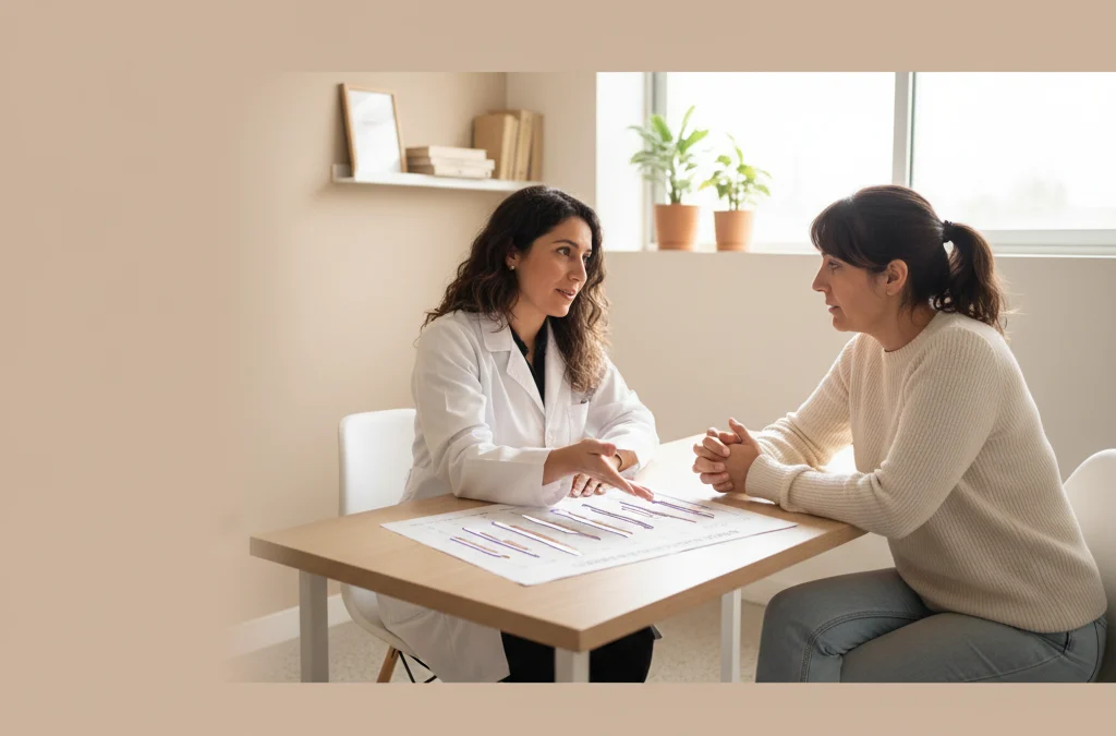 Médico explicando el índice de masa corporal a una paciente en una consulta clínica