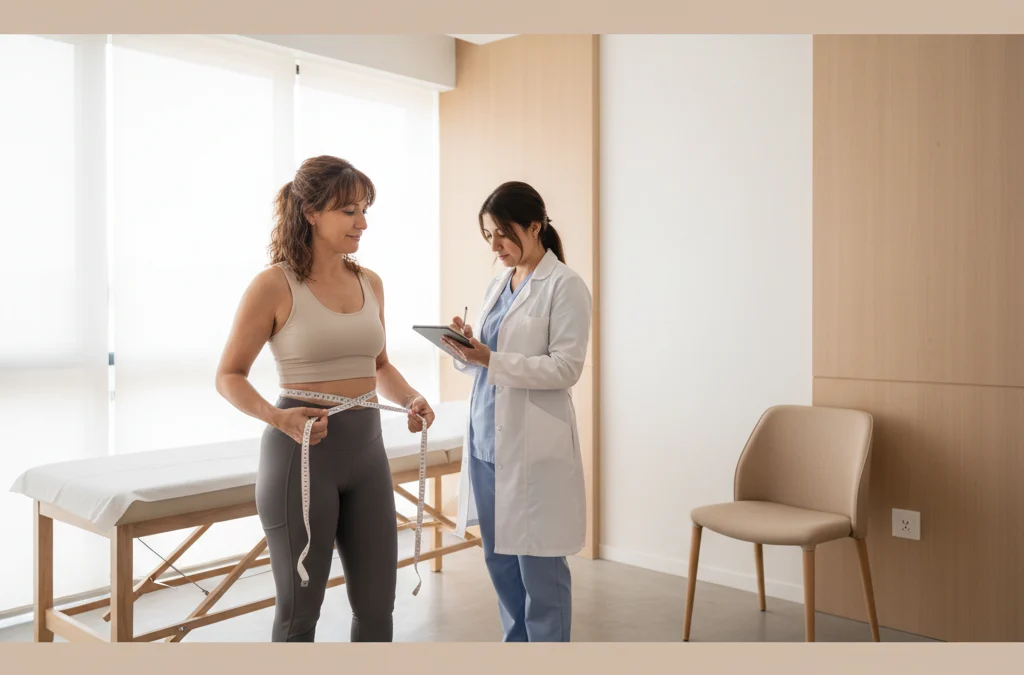 Mujer adulta midiendo su cintura en una consulta médica con ayuda de un profesional de salud