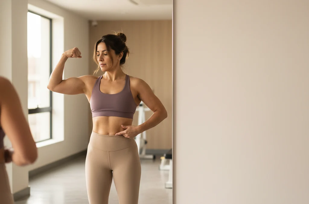 Mujer mirándose en el espejo del gimnasio evaluando la firmeza de su piel tras adelgazar