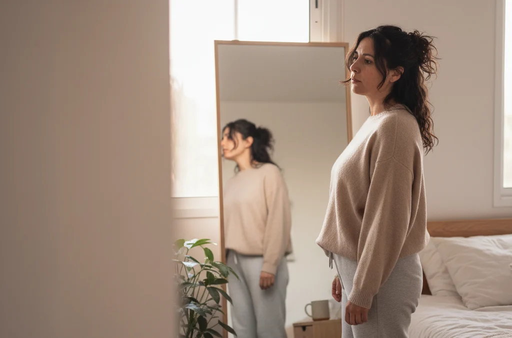 Mujer mirando su reflejo en el espejo con expresión pensativa, representando la insatisfacción corporal tras bajar de peso
