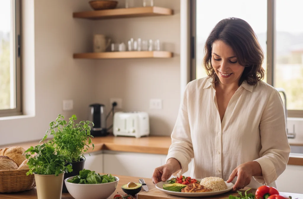 Mujer preparando un almuerzo equilibrado con pollo a la plancha, palta y ensalada en una cocina chilena