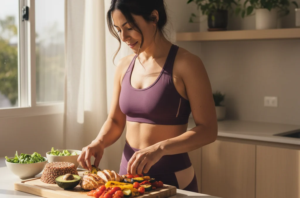 Mujer preparando una comida equilibrada con pollo, quínoa y palta después de entrenar