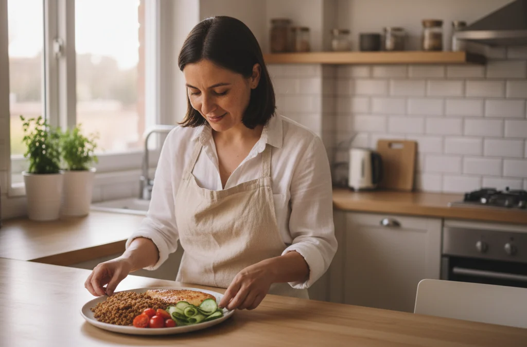 Mujer preparando un almuerzo saludable con pollo, lentejas, palta y ensalada en una cocina chilena