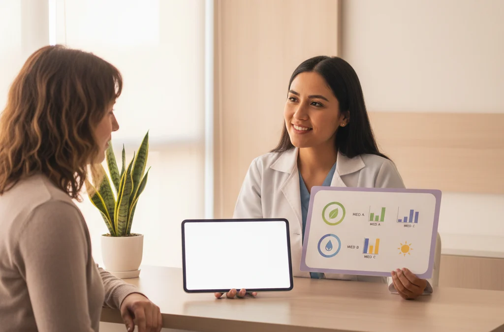 Médico explicando a una paciente las diferencias entre medicamentos para bajar de peso en una consulta online.