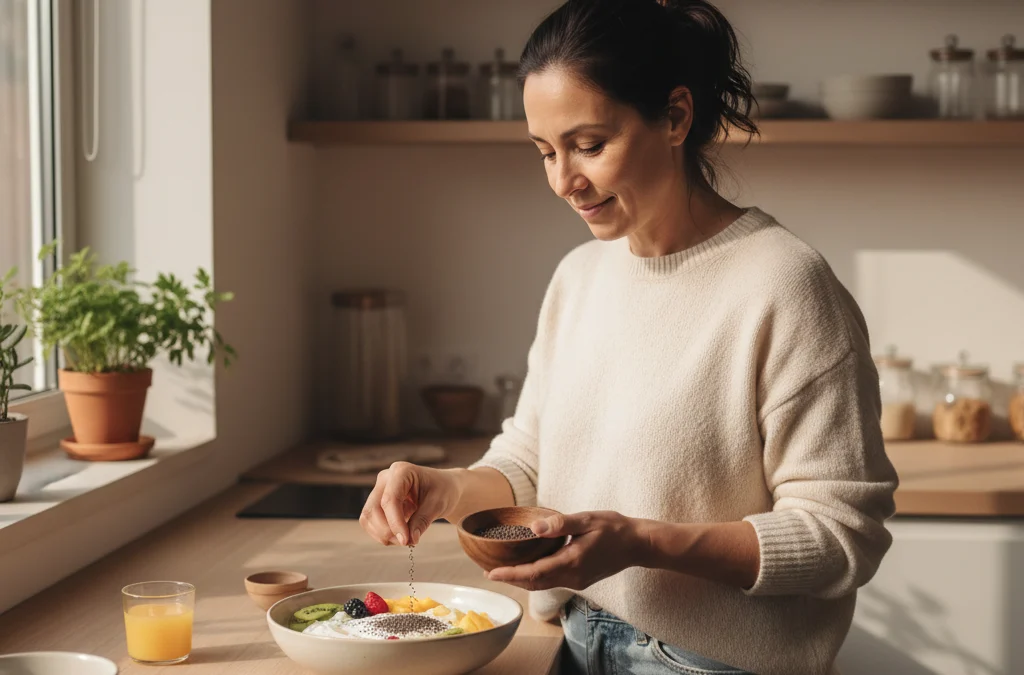 Mujer preparando un desayuno saludable con chía y frutas en una cocina chilena