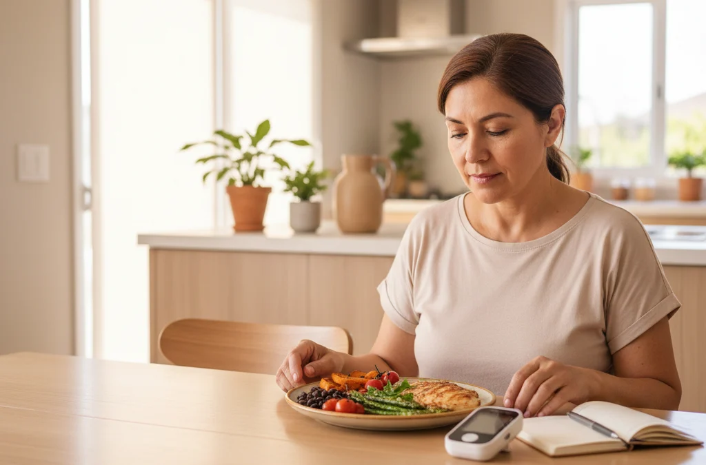 Mujer con diabetes revisando su alimentación junto a un monitor de glicemia en casa