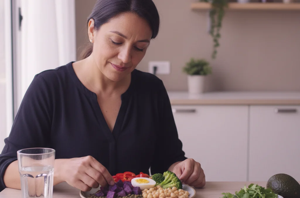 Mujer preparando un plato saludable con verduras y legumbres en una cocina iluminada