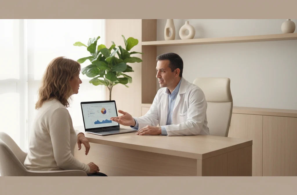 Médico y paciente revisando exámenes de laboratorio en una consulta de control metabólico