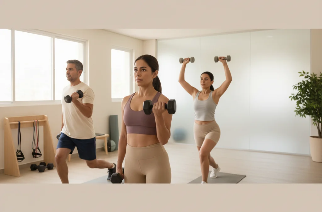 Mujer entrenando con pesas en casa durante la mañana, con luz natural