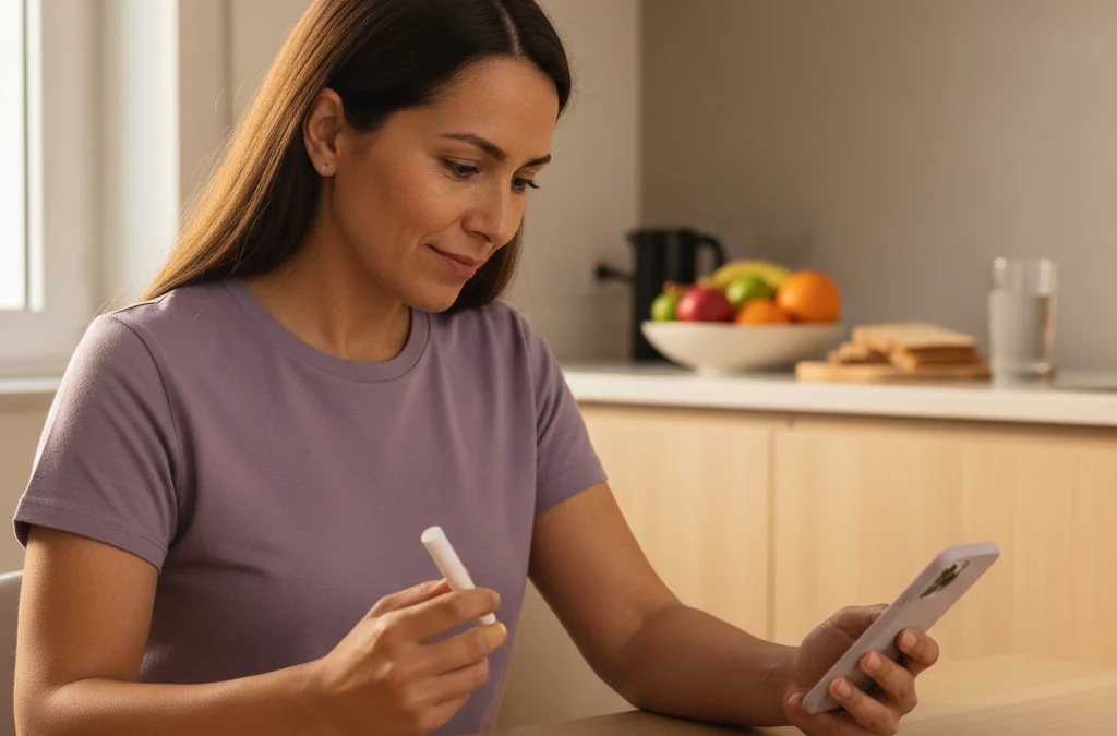 Mujer sosteniendo una pluma inyectable semanal para el tratamiento de control de peso