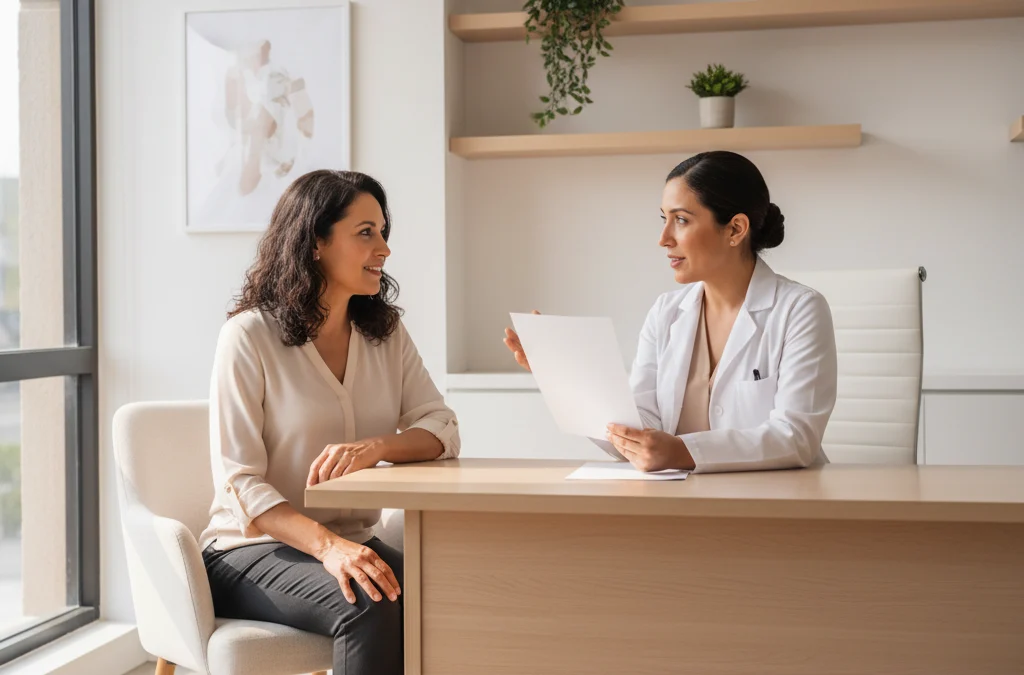 Doctora entregando una receta médica a una paciente en una consulta médica moderna