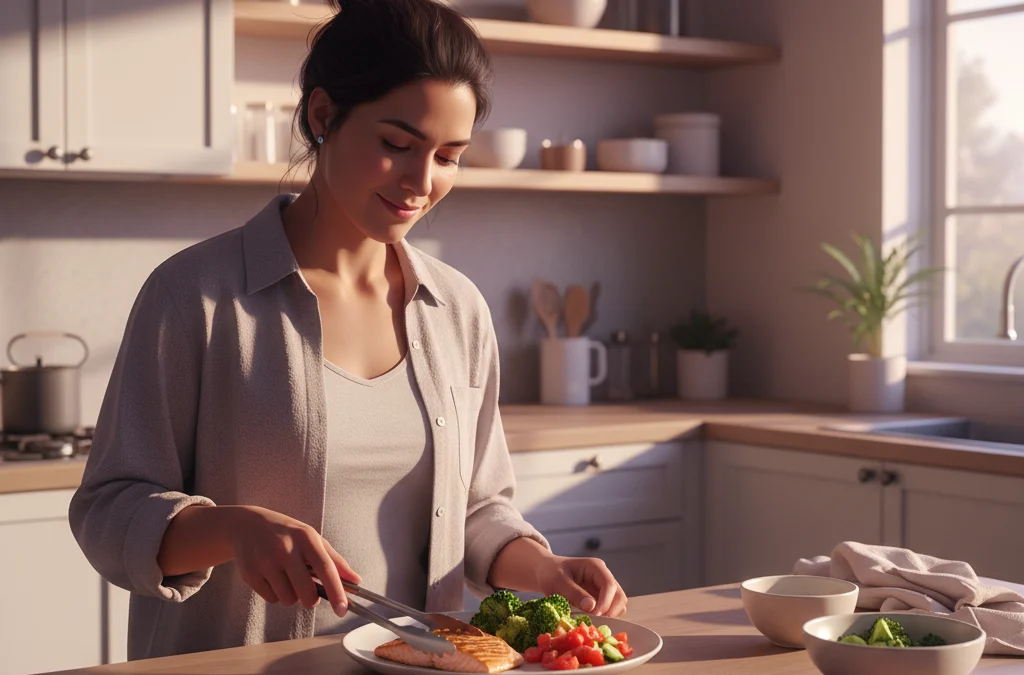 Mujer preparando una cena saludable con salmón, brócoli y ensalada en una cocina moderna