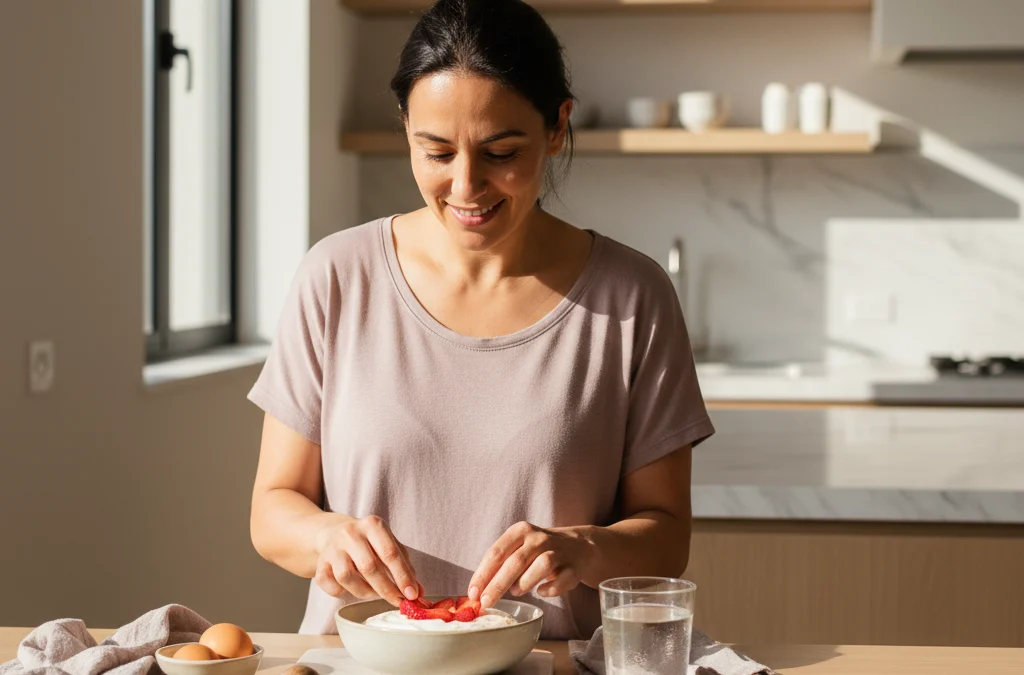 Mujer preparando un desayuno saludable con avena, yogur, frutillas y palta en una cocina iluminada