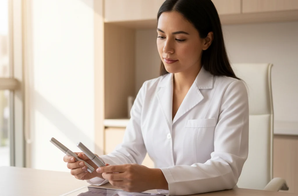 Doctora revisando datos clínicos de un paciente junto a dispositivos de inyección médica para tratamiento de obesidad